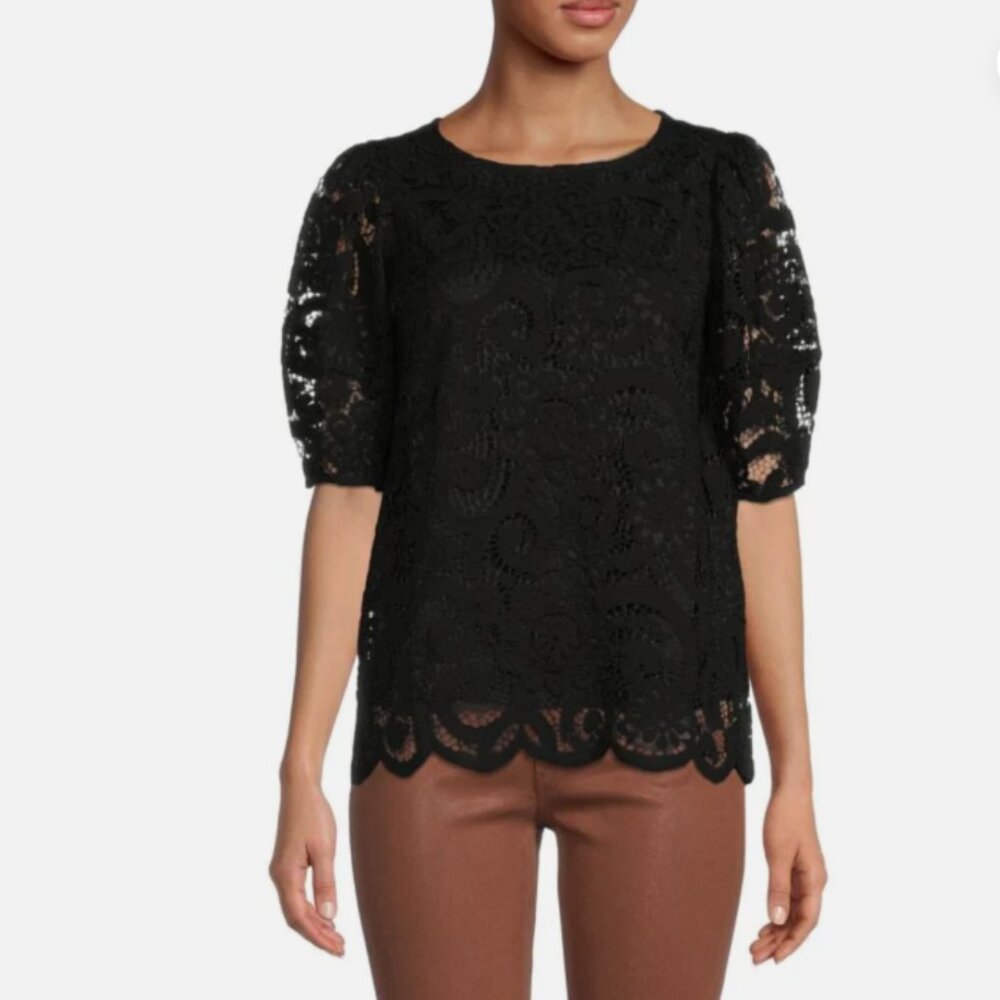 NWT- Nanette Lepore - Puff Sleeves - Lace Top -Black- Short Sleeve Lined- Large